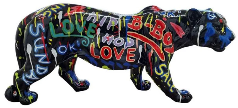 Casa Padrino Luxus Deko Skulptur Panther Schwarz / Bunt 80 x H. 35 cm - Große Deko Figur - XXL Deko Skulptur - XXL Deko Figur - Wohnzimmer Deko - Garten Deko - Luxus Figuren