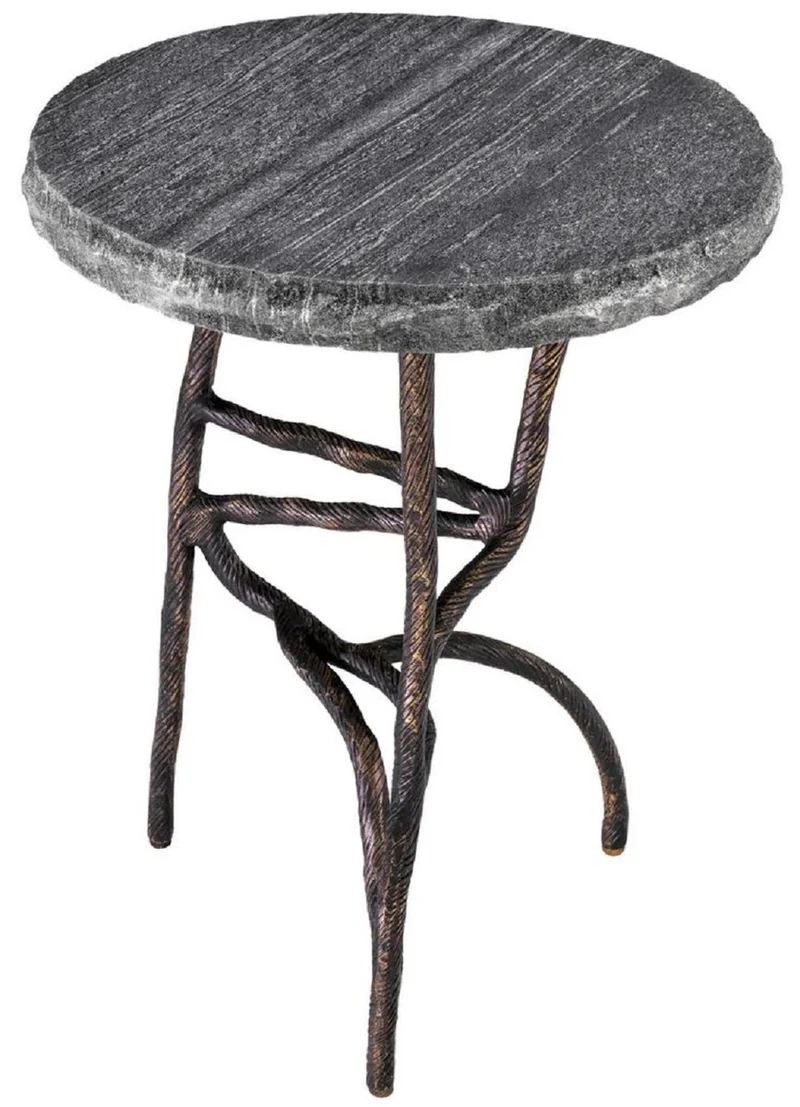 Casa Padrino Luxus Beistelltisch Vintage Messing / Schwarz Ø 45,5 x H. 58 cm - Runder Messing Tisch mit Marmorplatte - Wohnzimmer Möbel - Luxus Möbel - Wohnzimmer Einrichtung - Luxus Qualität