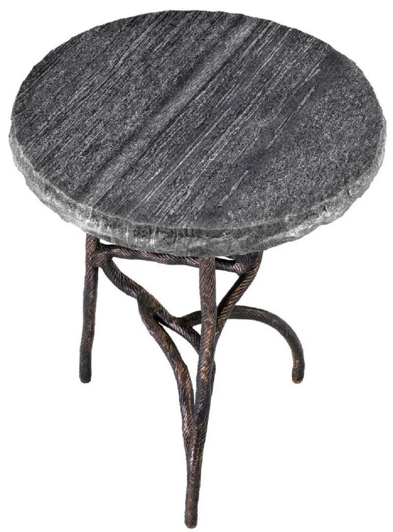 Casa Padrino Luxus Beistelltisch Vintage Messing / Schwarz Ø 45,5 x H. 58 cm - Runder Messing Tisch mit Marmorplatte - Wohnzimmer Möbel - Luxus Möbel - Wohnzimmer Einrichtung - Luxus Qualität