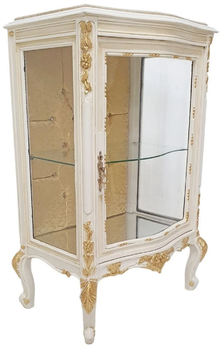 Casa Padrino Barock Vitrine Weiß / Creme / Gold - Handgefertigter Massivholz Vitrinenschrank mit Glitzersteinen und Marmorplatte - Wohnzimmer Möbel im Barockstil - Barock Möbel