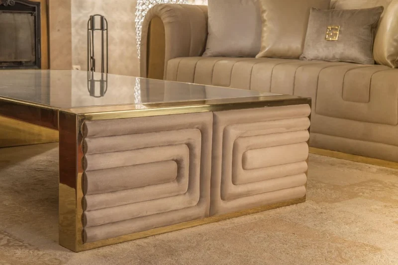 Casa Padrino Luxus Couchtisch Weiß / Gold / Taupe 160 x 90 x H. 36 cm - Moderner Wohnzimmertisch mit Calacatta Marmorplatte - Hotel Möbel - Luxus Qualität - Made in Italy
