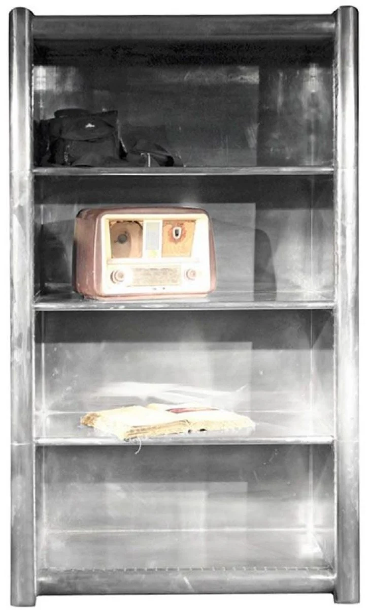 Casa Padrino Regalschrank Silber 100 x 50 x H. 170 cm - Aluminium Schrank - Bücherschrank - Vintage Flieger Flugzeug Möbel
