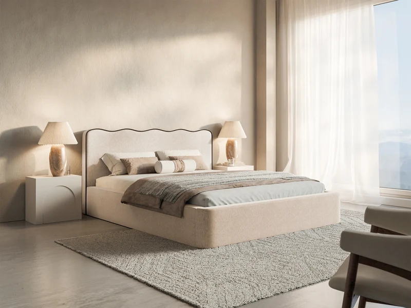 Polsterbett 140x200 cm Duney mit Stauraum, hellbeige Geflecht