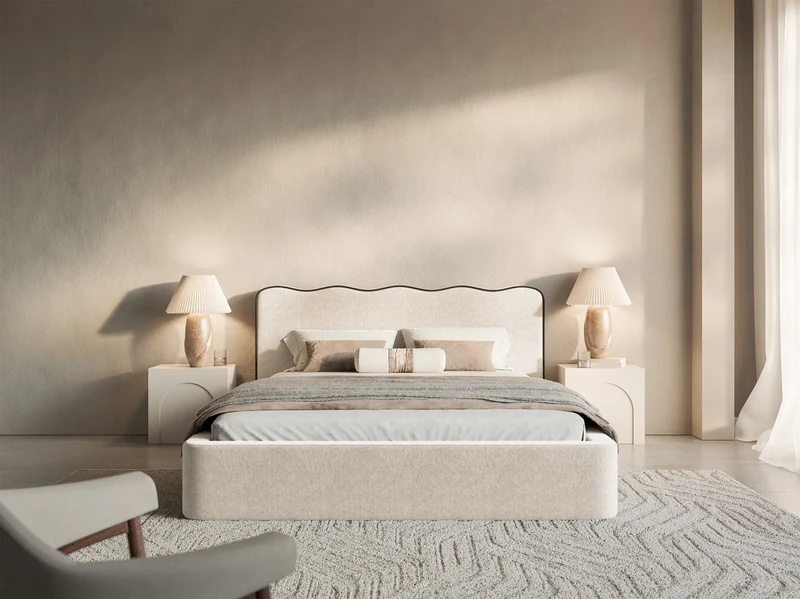 Polsterbett 140x200 cm Duney mit Stauraum, hellbeige Geflecht