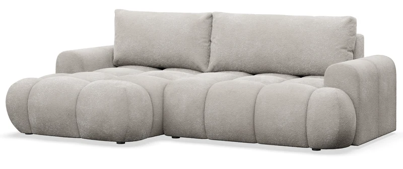 Ecksofa mit Schlaffunktion Ombo Mini, L-förmig, linksseitig, mit Stauraum, grau-beiger Bouclé-Stoff