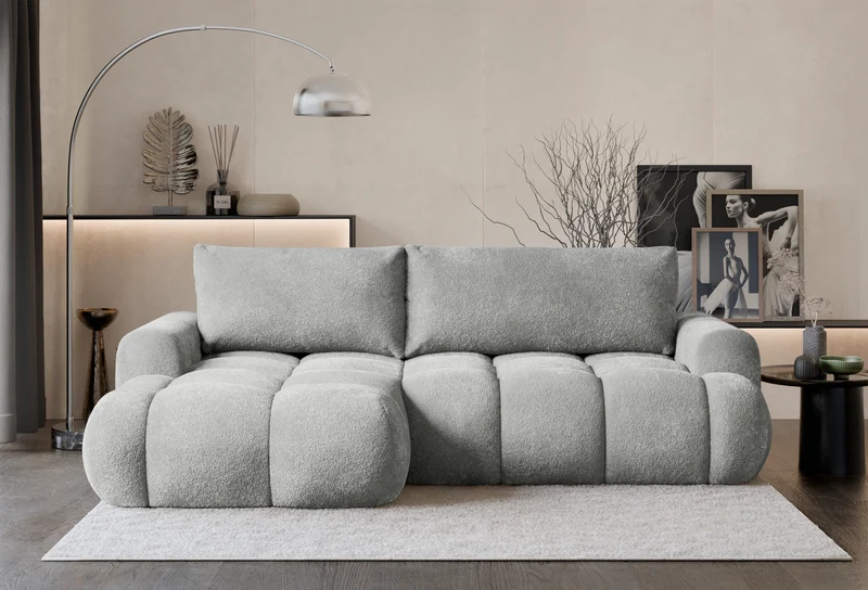 Ecksofa mit Schlaffunktion Ombo Mini, L-förmig, linksseitig, mit Stauraum, hellgrauer Bouclé-Stoff