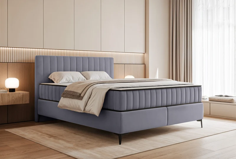 Kontinentales Bett 160x200 cm Mufasso mit Stauraum, hellgrauer Velours, wasserabweisend