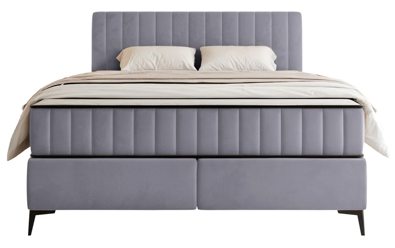 Kontinentales Bett 160x200 cm Mufasso mit Stauraum, hellgrauer Velours, wasserabweisend