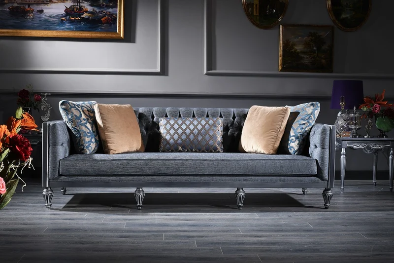 Casa Padrino Luxus Barock Wohnzimmer Set Blau / Beige / Silber - 2 Sofas & 2 Sessel & Couchtisch - Barock Wohnzimmermöbel