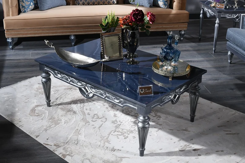 Casa Padrino Luxus Barock Wohnzimmer Set Blau / Beige / Silber - 2 Sofas & 2 Sessel & Couchtisch - Barock Wohnzimmermöbel