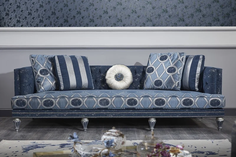 Casa Padrino Luxus Barock Chesterfield Sofa Dunkelblau / Hellblau / Silber 250 x 92 x H. 85 cm - Barock Wohnzimmermöbel