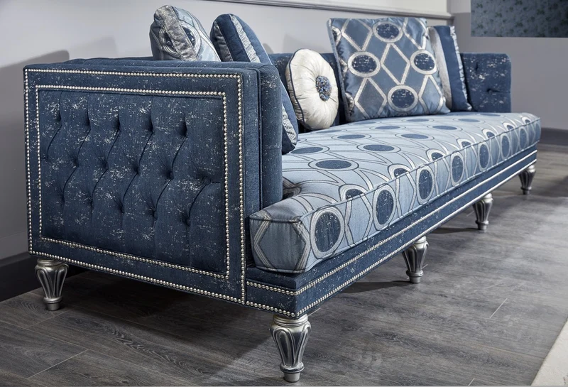 Casa Padrino Luxus Barock Chesterfield Sofa Dunkelblau / Hellblau / Silber 250 x 92 x H. 85 cm - Barock Wohnzimmermöbel