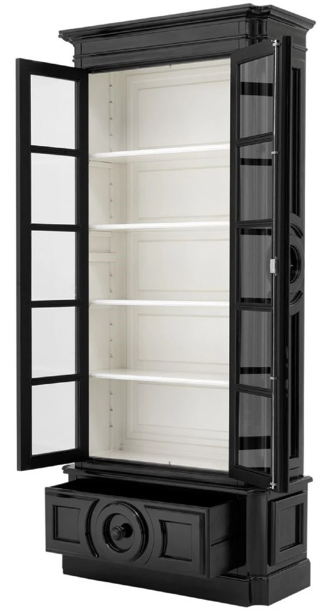 Casa Padrino Luxus Vitrine Schwarz / Weiß 113 x 46 x H. 240 cm - Massivholz Vitrinenschrank - Wohnzimmerschrank mit 2 Glastüren und Schublade - Luxus Qualität