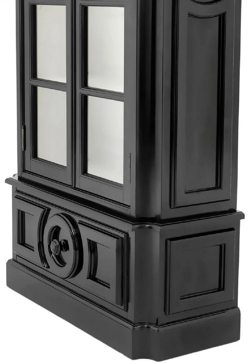 Casa Padrino Luxus Vitrine Schwarz / Weiß 113 x 46 x H. 240 cm - Massivholz Vitrinenschrank - Wohnzimmerschrank mit 2 Glastüren und Schublade - Luxus Qualität