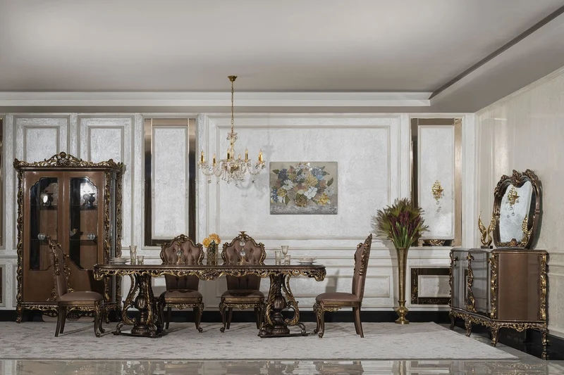Casa Padrino Luxus Barock Esszimmer Set Grau / Braun / Gold - 1 Barock Esstisch & 8 Barock Esszimmerstühle - Luxus Esszimmer Möbel im Barockstil - Prunkvolle Barock Esszimmer Möbel