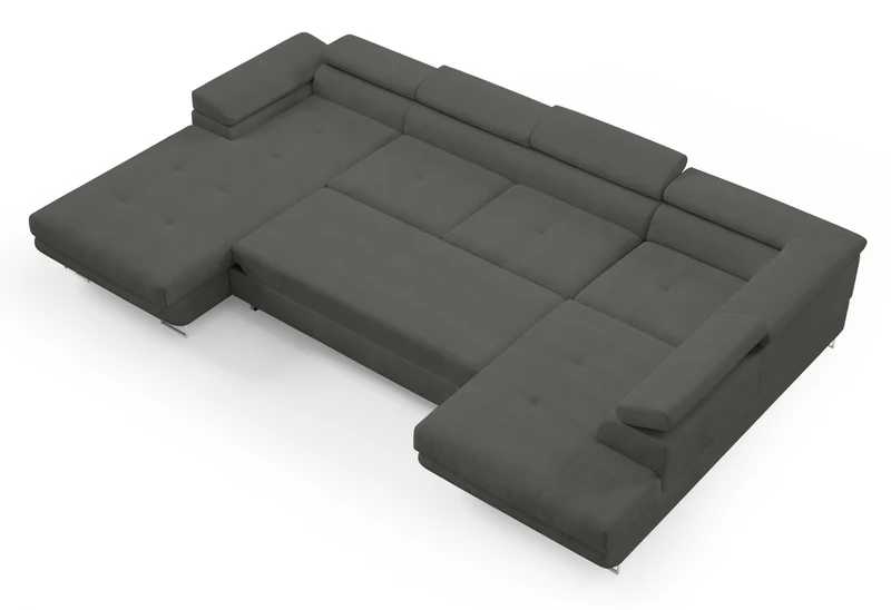 Ecksofa mit Schlaffunktion Nollia, U-förmig, rechtsseitig, mit verstellbaren Kopfstützen und zwei Aufbewahrungsboxen, dunkelgrauer Bouclé-Stoff