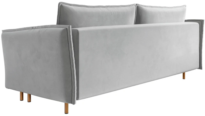 Dreisitziges ausklappbares Sofa Ummo mit Stauraum, hellgrauer wasserabweisender Velours, goldene Beine