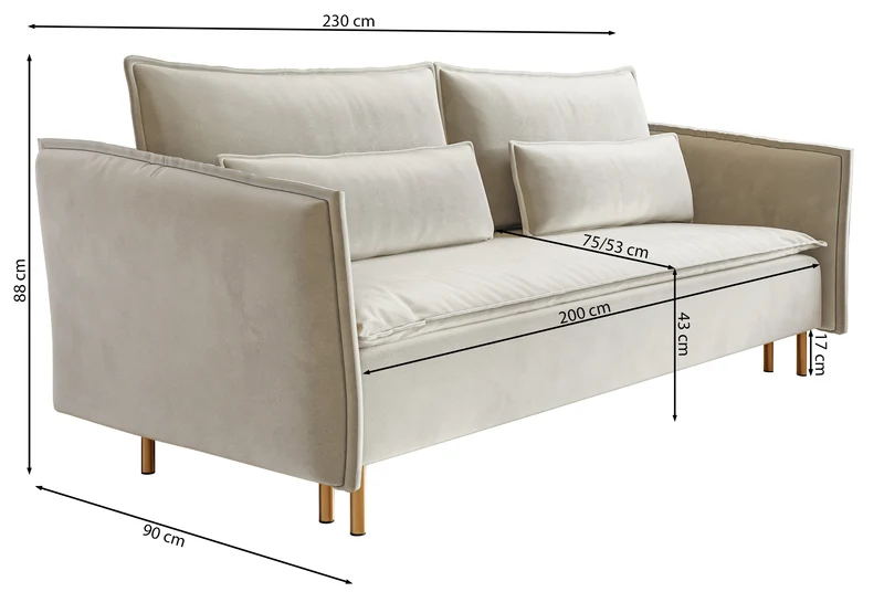Drei-Sitzer-Schlafsofa Ummo mit Stauraum, schwarzer hydrophober Samt, goldene Beine