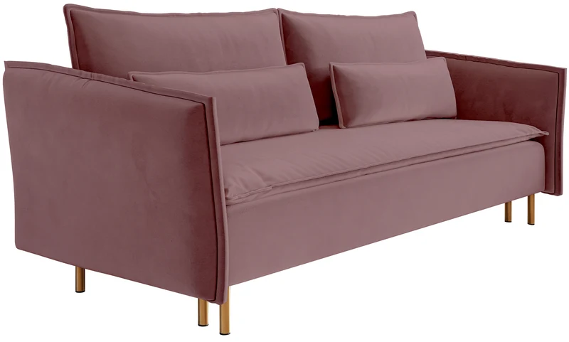 Dreisitziges Schlafsofa Ummo mit Stauraum, rosa Velours, wasserabweisend, goldene Beine