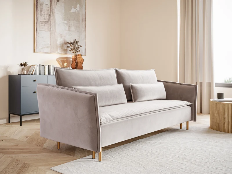 Dreisitziges ausklappbares Sofa Ummo mit Stauraum, grau-beiger hydrophober Samt, goldene Beine