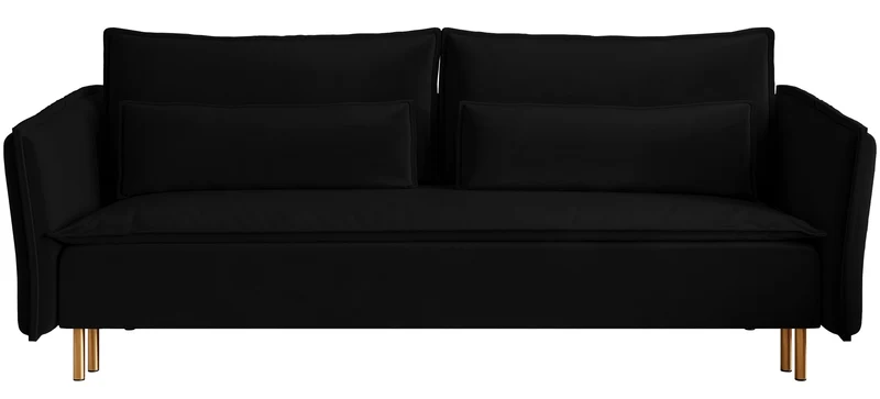 Drei-Sitzer-Schlafsofa Ummo mit Stauraum, schwarzer hydrophober Samt, goldene Beine