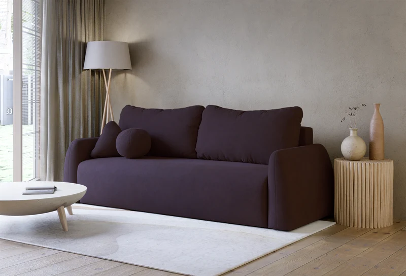 Dreisitziges ausklappbares Sofa Nubelle in violettem, wasserabweisendem Chenillestoff