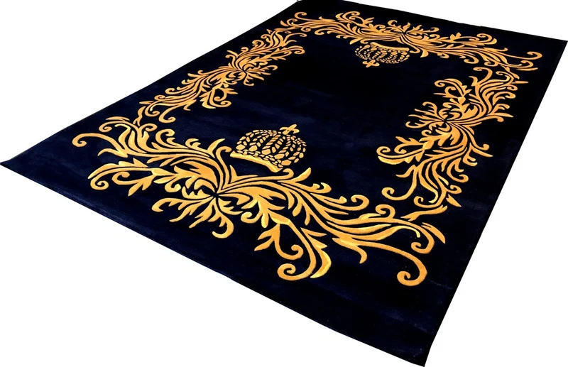 Pompöös by Casa Padrino Luxus Teppich von Harald Glööckler 160 x 230 cm Krone Royalblau / Gold - Barock Design Teppich - Handgewebt aus Wolle