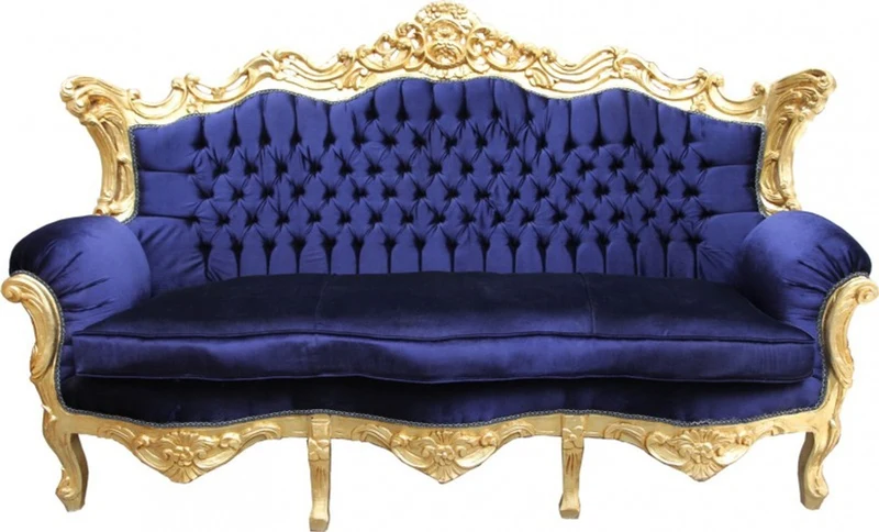 Casa Padrino Barock Sofa Master Royal Blau / Gold, Breite 210 cm - Handgefertigtes Luxus Wohnzimmer Sofa im Antik Stil