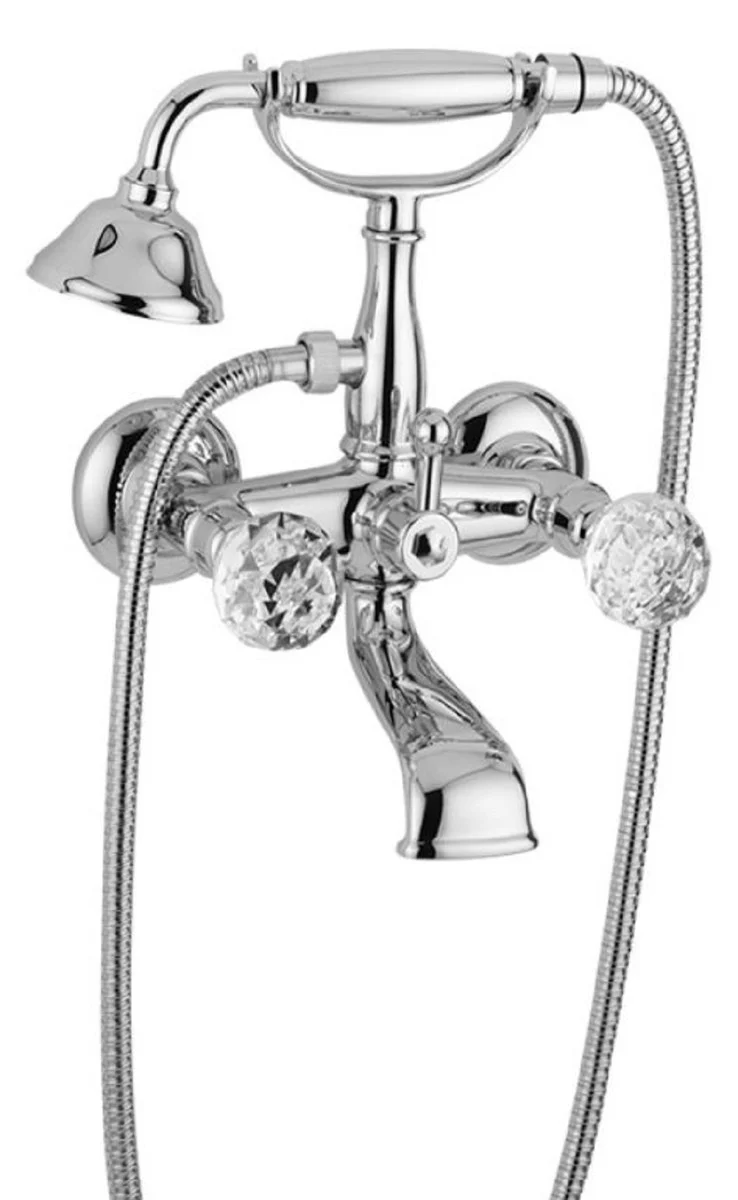 Casa Padrino Luxus Jugendstil Wannenbatterie mit Schlauch und Handbrause Silber 20 x 16 x H. 27,5 cm - Badewannen Armatur mit Swarovski Kristallglas - Nostalgisches Bad Zubehör