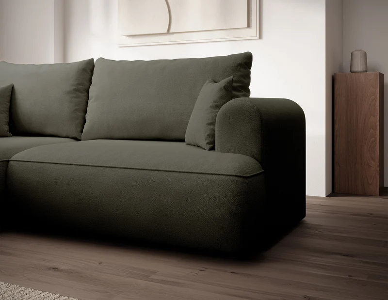 Ecksofa mit Schlaffunktion Ovo Mini, L-förmig, linksseitig, olivgrüner Chenille, pflegeleicht