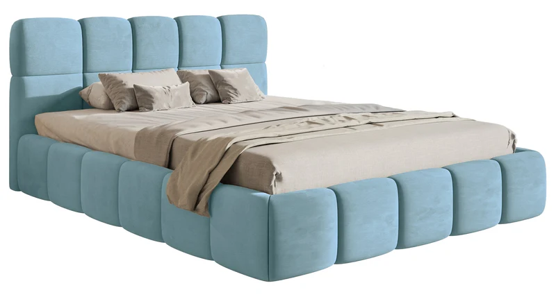 Gepolstertes Bett 120x200 cm Cloudy, hellblauer Velours, wasserabweisend und pflegeleicht