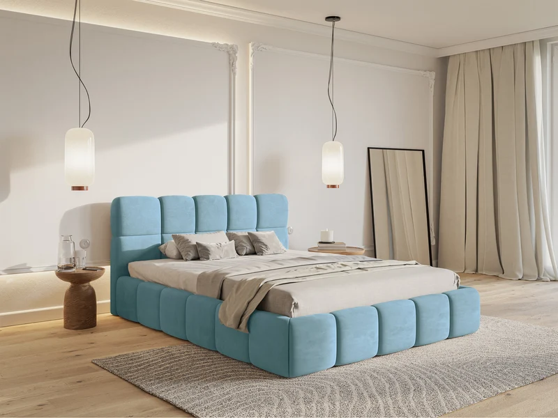 Gepolstertes Bett 120x200 cm Cloudy, hellblauer Velours, wasserabweisend und pflegeleicht