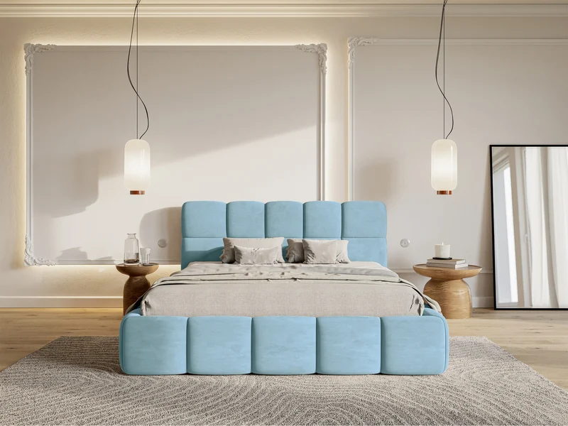 Gepolstertes Bett 120x200 cm Cloudy, hellblauer Velours, wasserabweisend und pflegeleicht