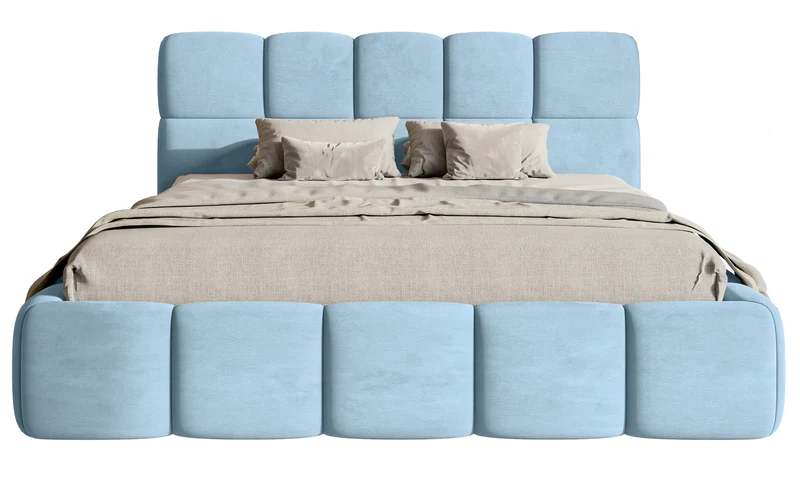 Gepolstertes Bett 120x200 cm Cloudy, hellblauer Velours, wasserabweisend und pflegeleicht