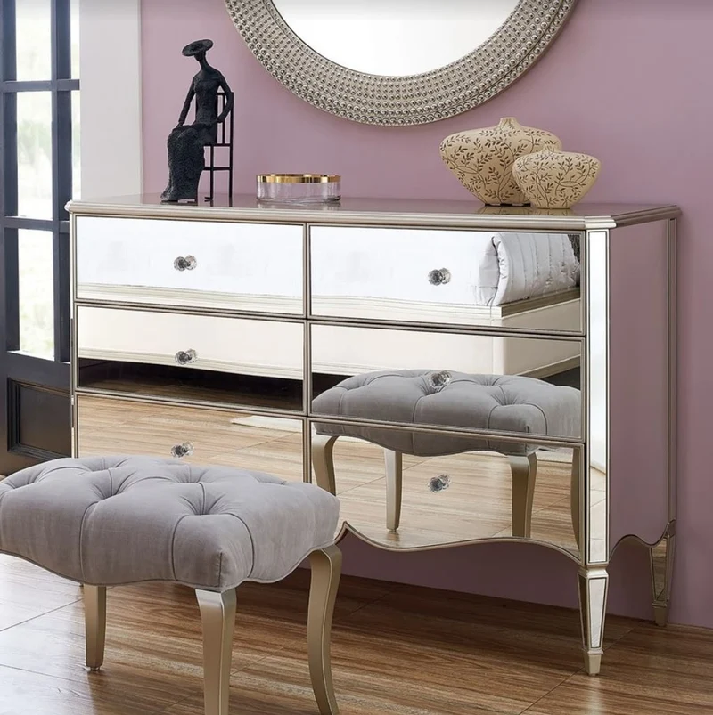 Casa Padrino Neoklassik Kommode Silber 141 x 48,5 x H. 95 cm - Verspiegelte Massivholz Kommode mit 6 Schubladen - Möbel im Neoklassischem Stil