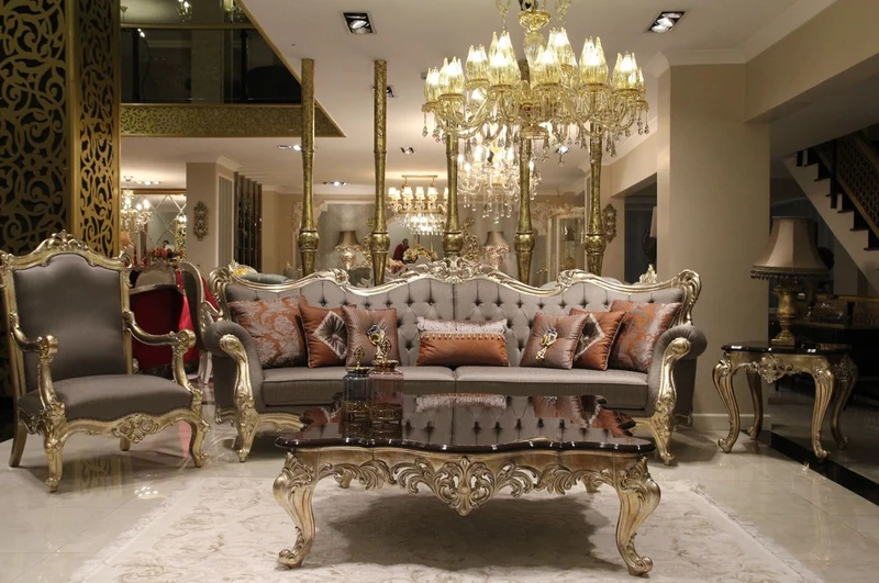 Casa Padrino Luxus Barock Wohnzimmer Sofa Grau / Gold 300 x 98 x H. 120 cm - Prunkvolles Sofa im Barockstil - Edle Barock Wohnzimmer Möbel