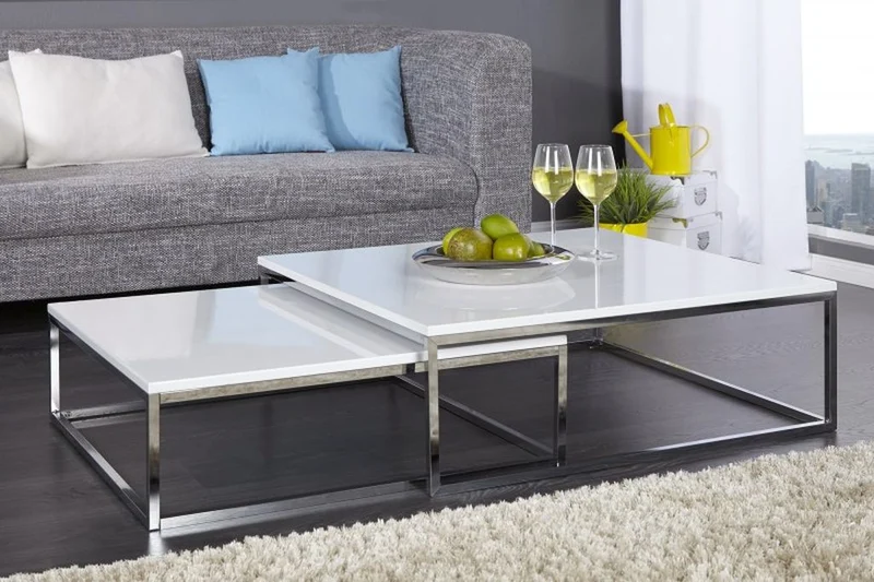 2er Set Design Couchtisch MENTO weiss hochglanz 75cm Edelstahl