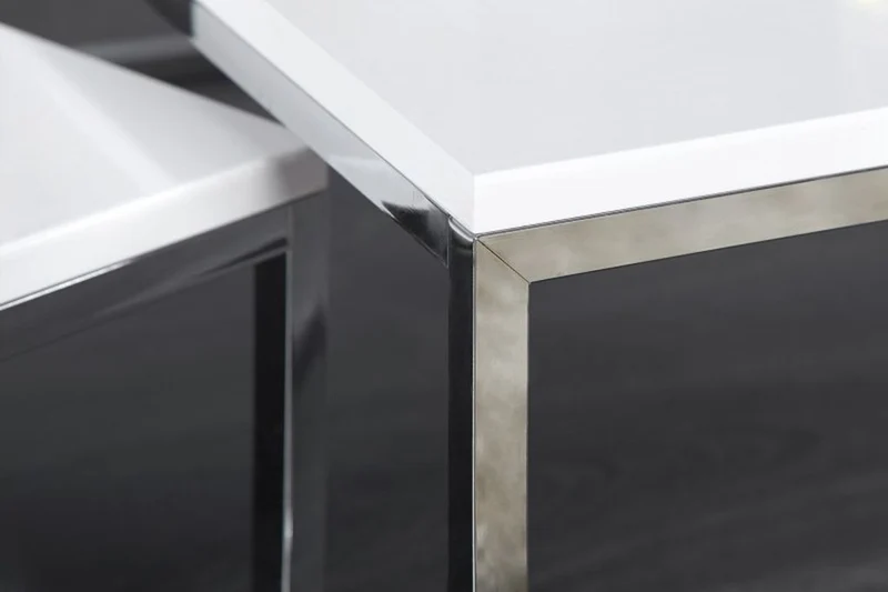 2er Set Design Couchtisch MENTO weiss hochglanz 75cm Edelstahl