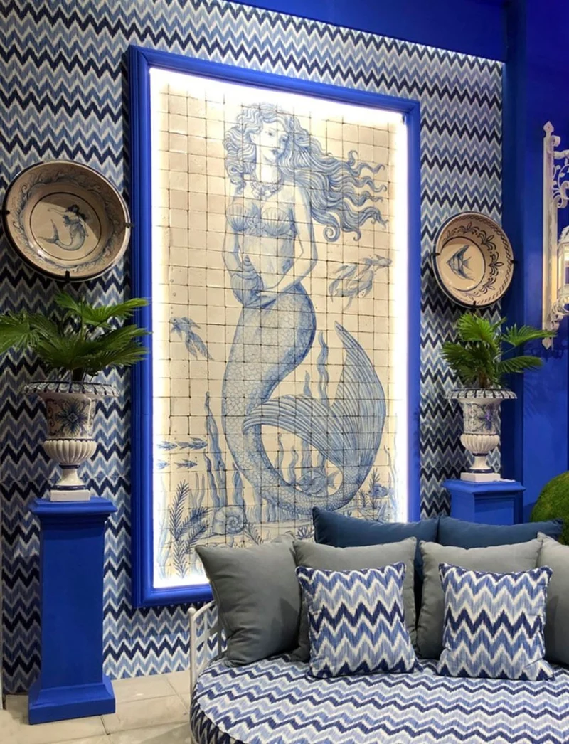 Casa Padrino Luxus Barock Wandgemälde Meerjungfrau Creme / Blau H. 280 cm - Barock Wanddeko