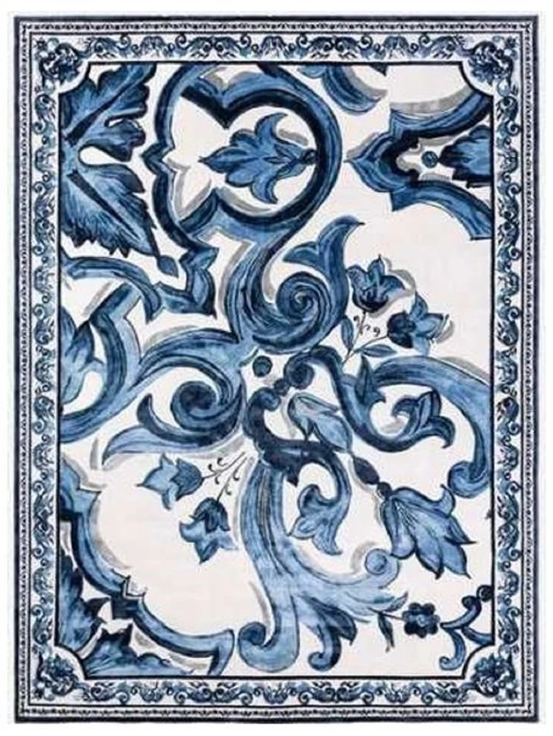 Casa Padrino Luxus Barock Wohnzimmer Wollteppich Weiß / Blau - Verschiedene Größen