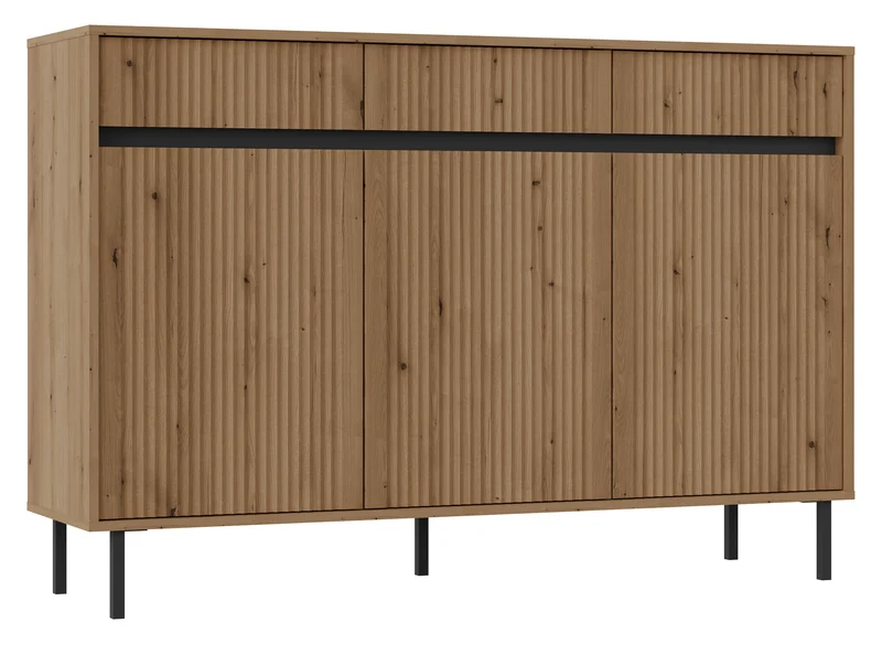 Drehtür-Kommode Osaka mit drei Schubladen und gerillten Fronten, 149 cm, Eiche Evoke auf schwarzen Beinen