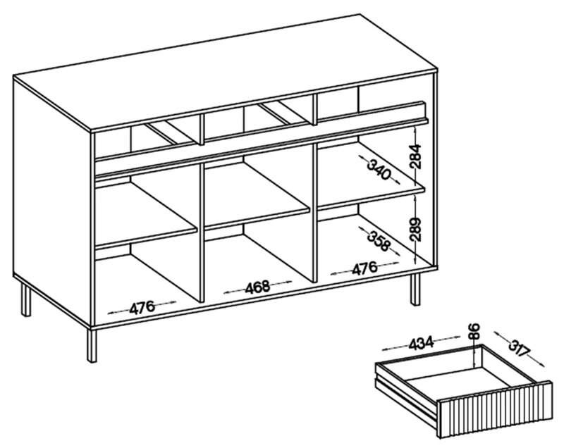 Drehtür-Kommode Osaka mit drei Schubladen und gerillten Fronten, 149 cm, Eiche Evoke auf schwarzen Beinen
