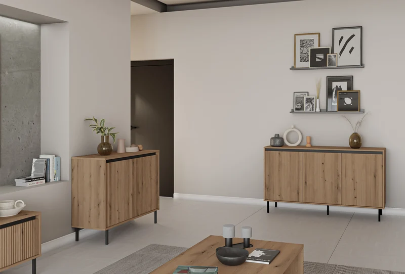 TV-Schrank Osaka mit zwei Schubladen und einem Regal, 179 cm, Eiche Evoke auf schwarzen Beinen