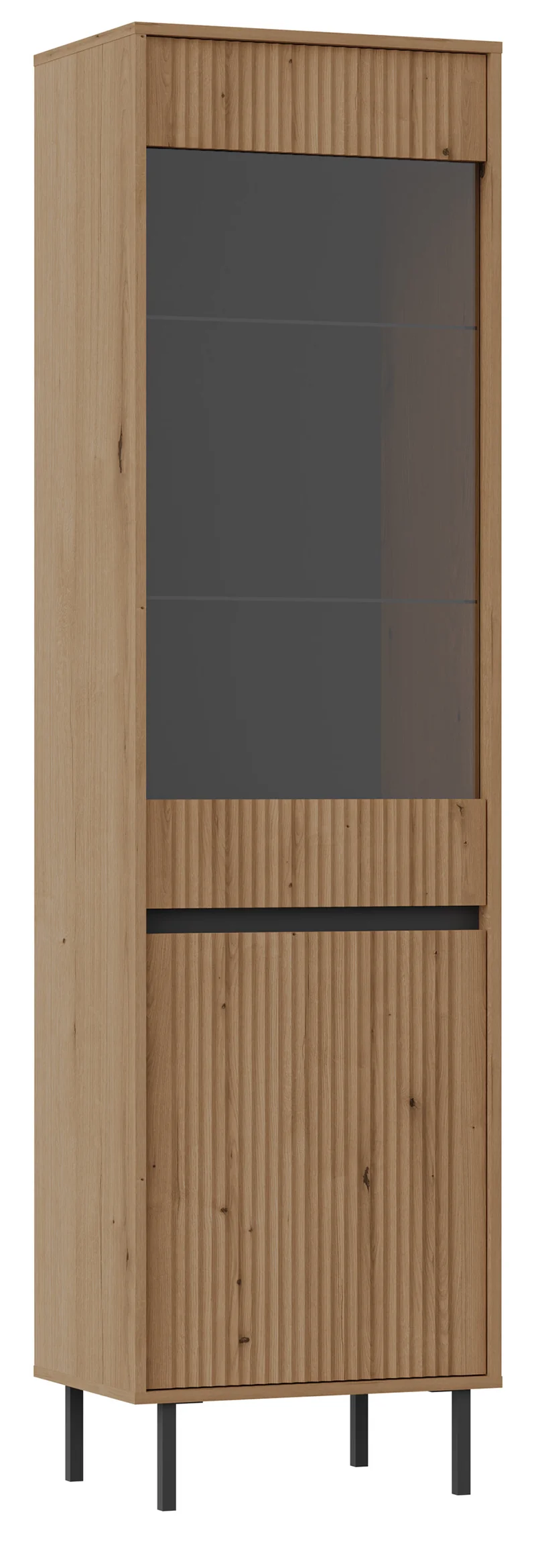 Zweiflügelige Vitrine Osaka mit geriffelter Front, 56 cm, Eiche Evoke auf schwarzen Beinen