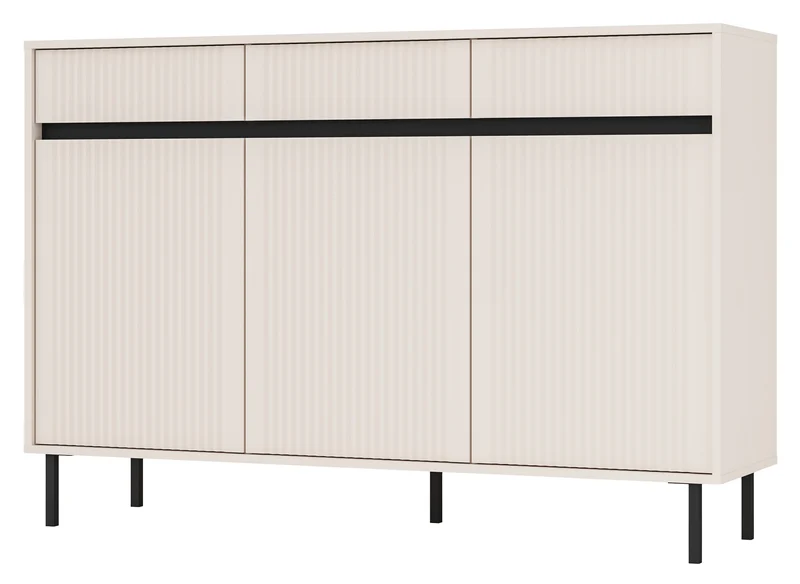 Drehtür-Kommode Osaka mit drei Schubladen und geriffelten Fronten, 149 cm, sandbeige auf schwarzen Beinen
