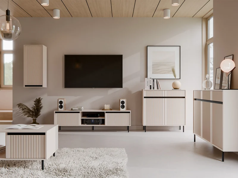 Drehtür-Kommode Osaka mit drei Schubladen und geriffelten Fronten, 149 cm, sandbeige auf schwarzen Beinen