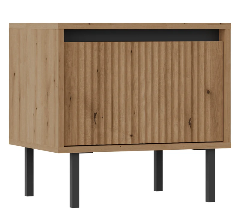 Nachttisch Osaka mit Schublade und geriffelter Front, 52 cm, Eiche Evoke auf schwarzen Beinen