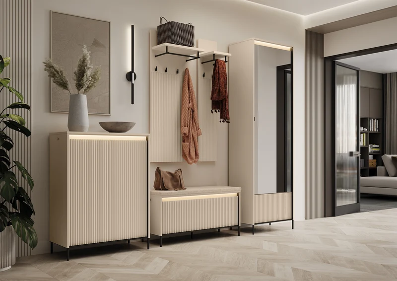 Einzeltüriger Trend-Schrank mit Spiegel und Beleuchtung, 65 cm, geriffeltes Frontdesign, sandbeige / schwarz