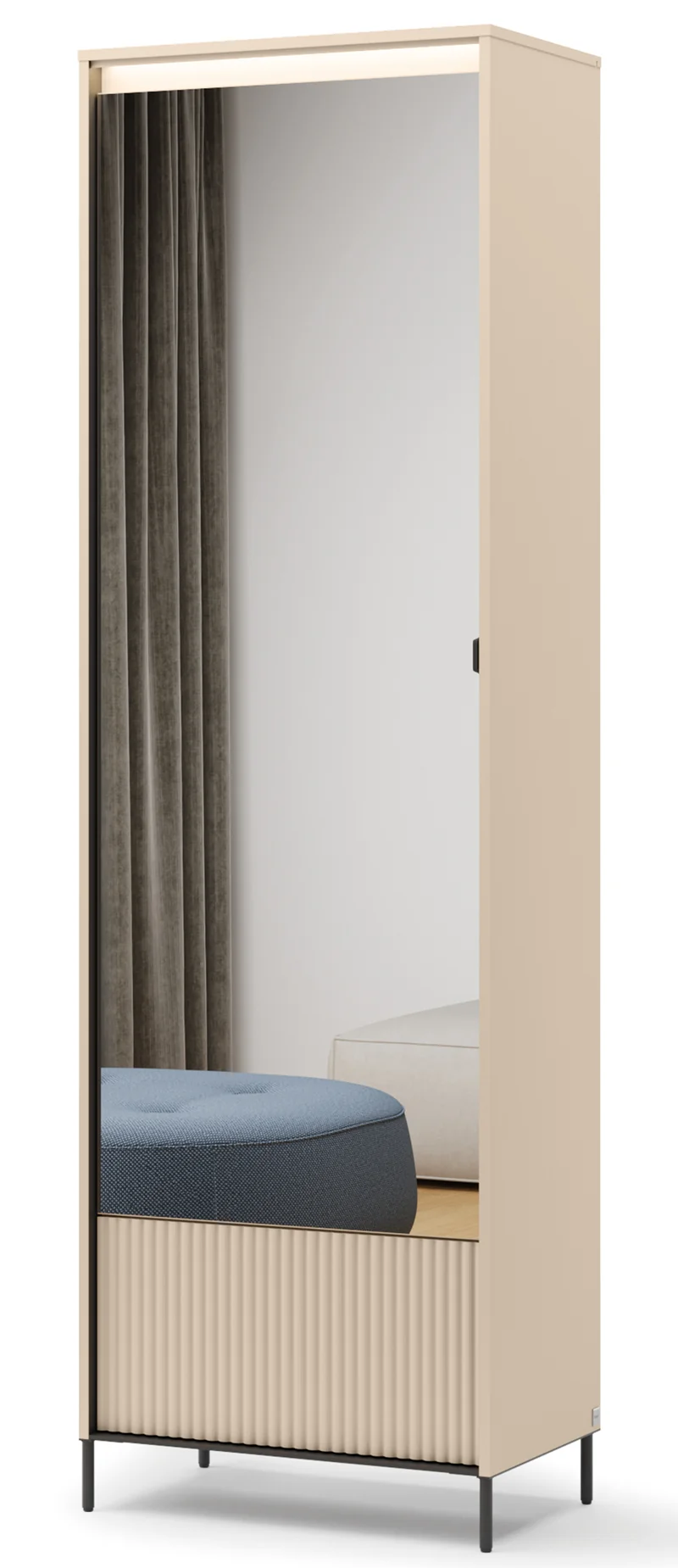 Einzeltüriger Trend-Schrank mit Spiegel und Beleuchtung, 65 cm, geriffeltes Frontdesign, sandbeige / schwarz