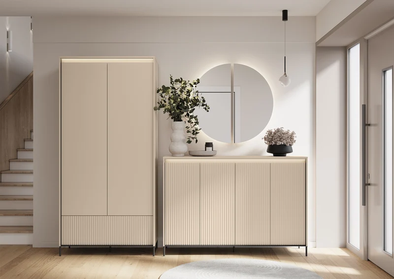 Zweittüriger Trend-Kleiderschrank mit Schublade und Beleuchtung, 101 cm, geriffelte Fronten in Sandbeige / Schwarz